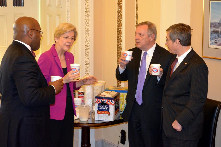 U.S. Senators Dick Durbin (D-IL) and Mark Kirk (R-IL) collected Legal Seafood's Chowder and Sam Adams beer from Senators Elizabeth Warren (D-MA) and William 